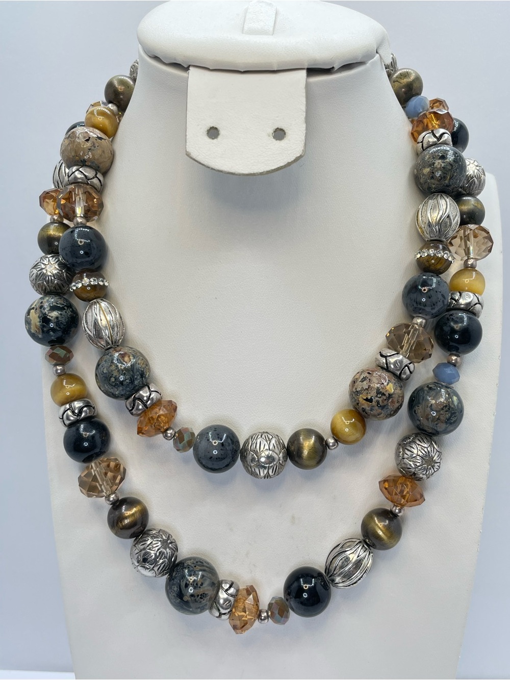 Vintage Crown Trifari Ceramic Silver Tiger Eye Beaded Layered Statement Necklace